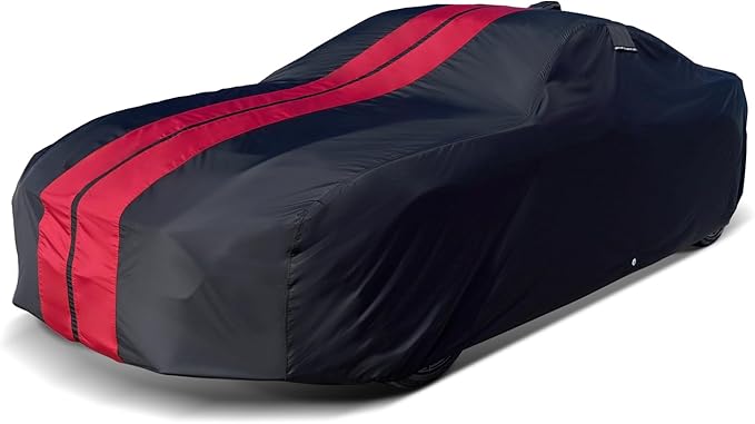 iCarCover Custom Car Cover for Pontiac Parisienne 4-Door (1971-1976) Waterproof All-Weather Rain Snow UV Sun Protector Full Exterior Indoor Outdoor Car Cover (Stripe - Black/Red)