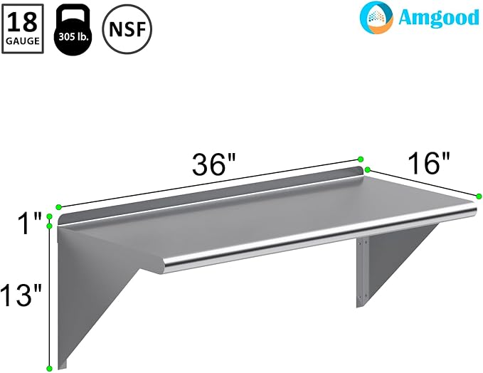 AmGood 36" Long X 16" Deep Stainless Steel Wall Shelf | NSF Certified | Appliance & Equipment Metal Shelving | Kitchen, Restaurant, Garage, Laundry, Utility Room