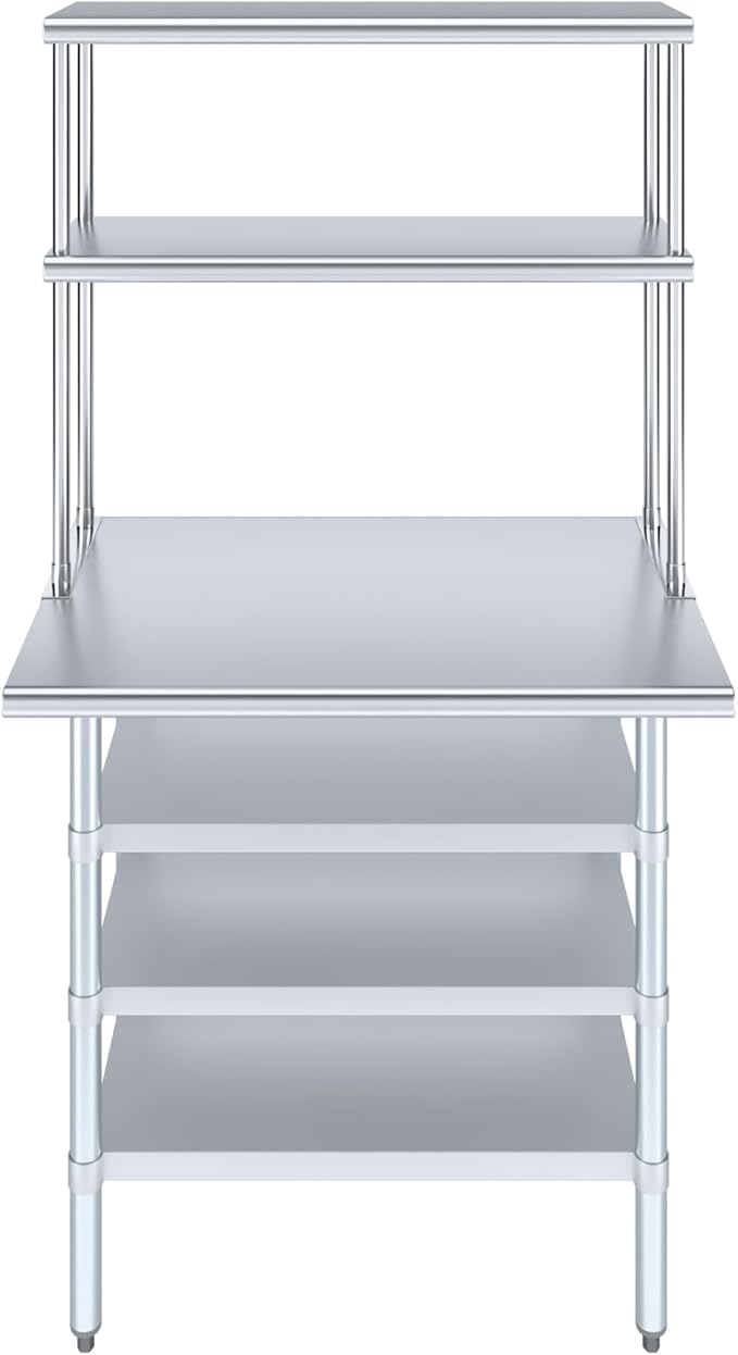 Amgood 24" x 36" Stainless Steel Work Table with 3 Shelves and 12" Wide Double Tier Overshelf | Metal Kitchen Prep Table & Shelving Combo | NSF