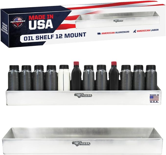 Pit Posse 443 Oil Shelf 12 Quart Bottle Holder Storage Organizer Caddy 32" - Made in USA - Enclosed Race Trailer Garage Shop Automotive Motor Engine Oil Rack Caddie Shelves (Silver)