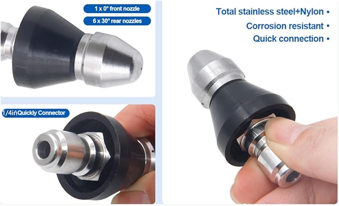 Pressure Washer Sewer Jetter Nozzle with Stainless Steel, Durable Design Sewer Jet Nozzle,Pressure Drain Jetter Hose Nozzle,1/4'' Quickly Connector, 5000 PSI Orifice 6.5
