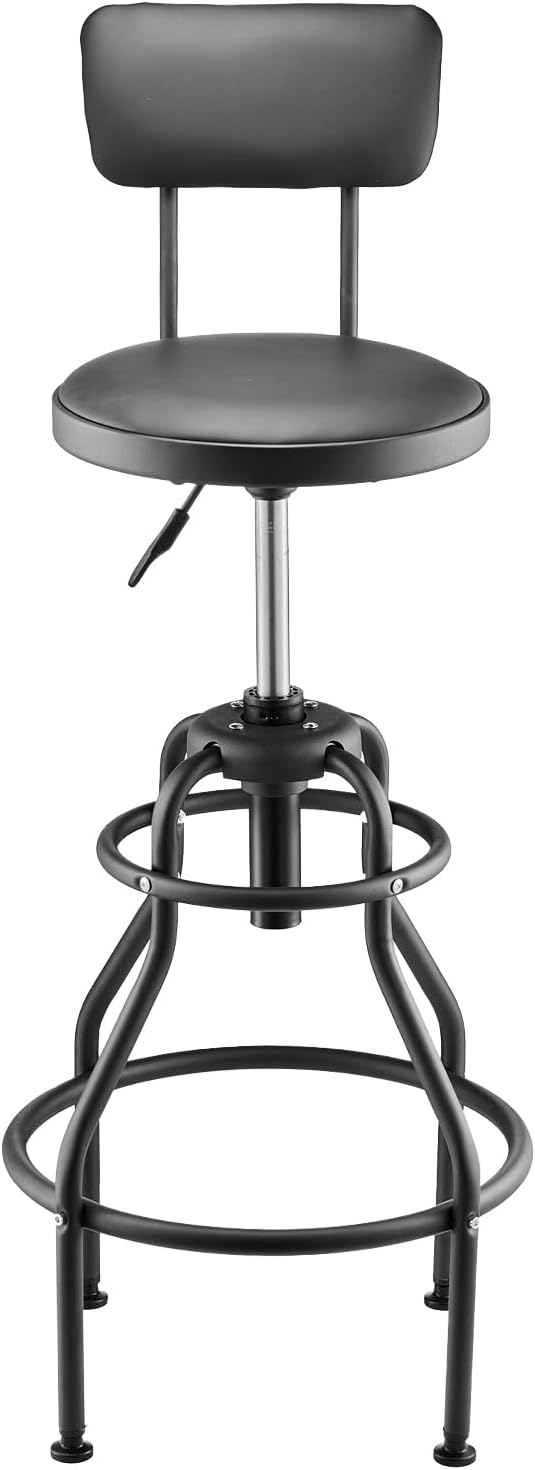 VEVOR Shop Stool with Backrest, Pneumatic Garage Seat/Work Stool with 300 lbs Capacity, Adjustable Height Roller Creeper Seat, 360° Swivel Padded Workshop Stool, for Garage, Shop & Auto Repair, Black