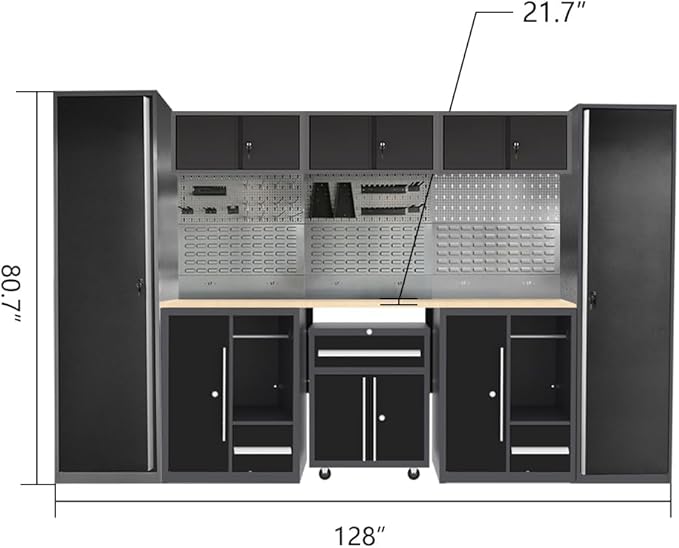 Garage Storage Cabinet Set System with Wooden Tabletop, Included Tool Cart, for Workshop Basement Utility Room