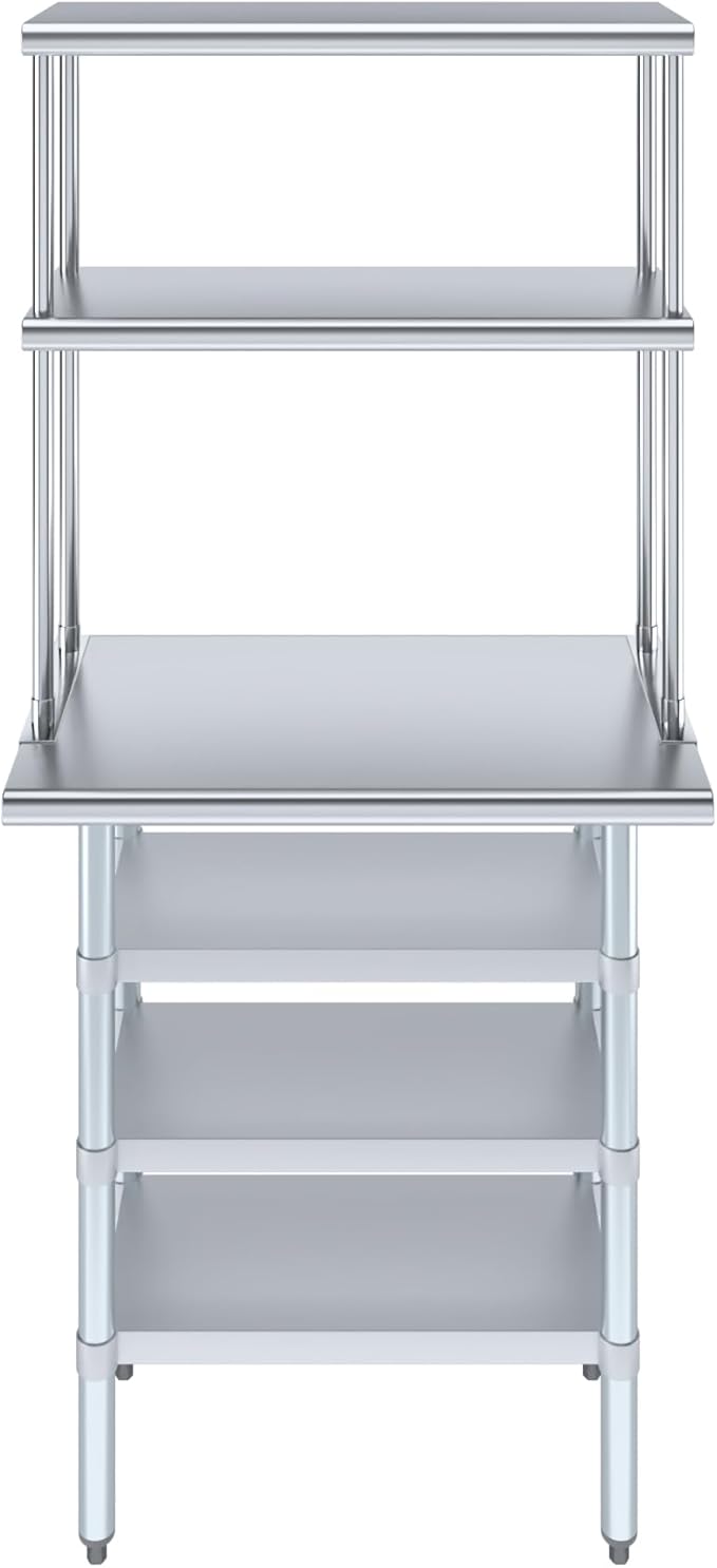 Amgood 18" x 30" Stainless Steel Work Table with 3 Shelves and 12" Wide Double Tier Overshelf | Metal Kitchen Prep Table & Shelving Combo | NSF