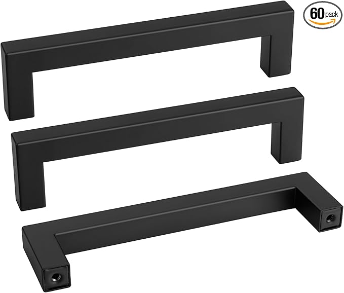 goldenwarm 60 Pack 5 Inch Black Cabinet Handles - Matte Black Drawer Pulls Stainless Steel - 128mm Cabinet Hardware Square Bar Modern Cabinet Pulls for Kitchen Bathroom Cupboard