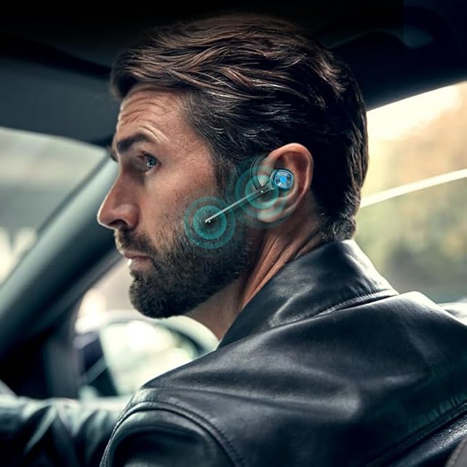 IHAO Wireless Bluetooth Earpiece Headphone Dual Noise Cancelling Mic Painless Open-Ear Handsfree Headset Stereo Sound Left/Right Changeable Earhook Earphones for Driving/Business/Gym