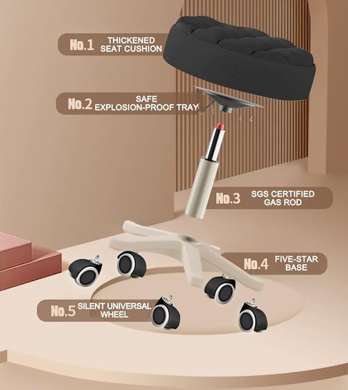 Small Chair Round Rolling Stool with Wheels PU Leather Height Adjustable Swivel Drafting Work SPA Salon Stools Home Office Chair
