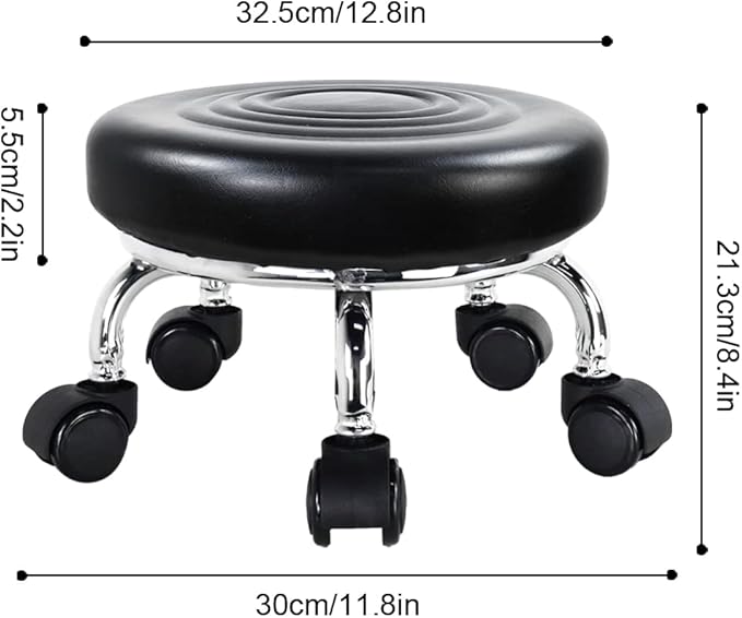 Modern Roller Seat PU Leather Low Round Rolling Stool 360 Swivel Small Stool with Universal Caster Wheels for Home Office, Garage, Shop, Fitness, Sport (H: 8.4' Black)