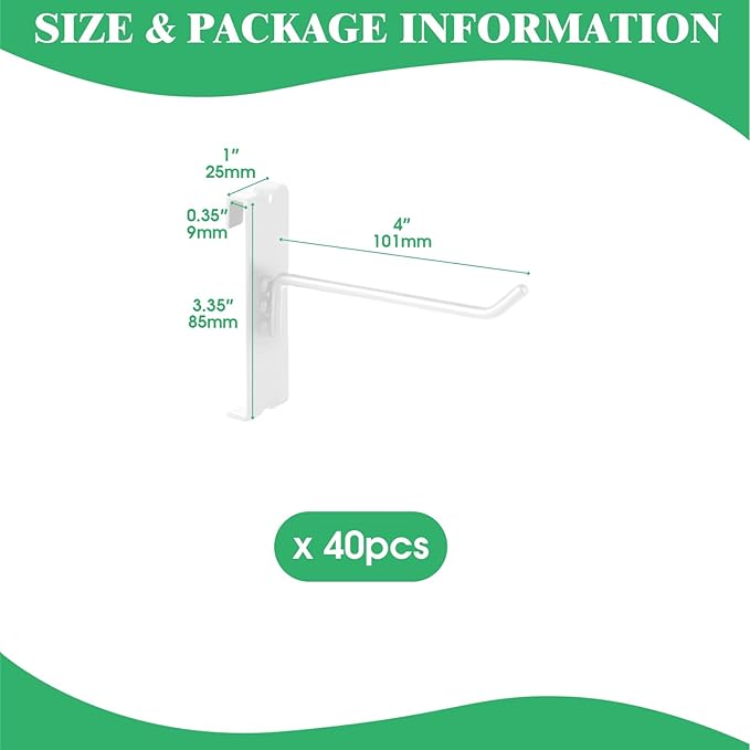 40Pcs 4" Gridwall Display Hooks Assortment Set, White Metal Grid Wall Panel Hanging Display Hook for Garage Shop Retail Storage, Wire Diameter 5mm// 0.2”