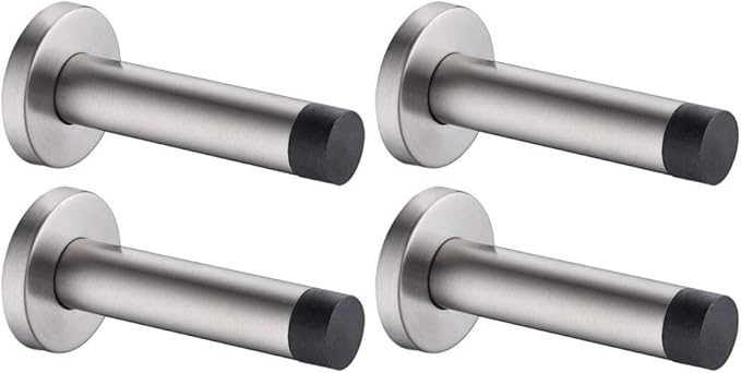 JQK Door Stopper, 304 Stainless Steel Thicken 1mm Sound Dampening Door Stop Bumper Wall Protetor 4 Pack, Brushed, DSB5-BN-P4