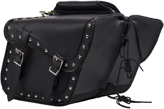 Synthetic Leather Motorcycle Luggage Bag - Waterproof Throw Over Saddlebags For Motorcycles - Softails, Sportsters, Choppers, Dyna, V-star, Shadow (With Studs, Black, 13'x13'x10')