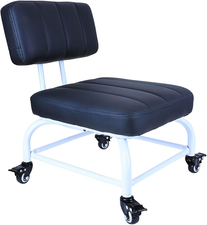 Rolling Stool and 4 Wheels with Brakes Rolling Chair for Home Office Garage Shop Roller Seat Water-Proof High Density Cushion and Steel Black