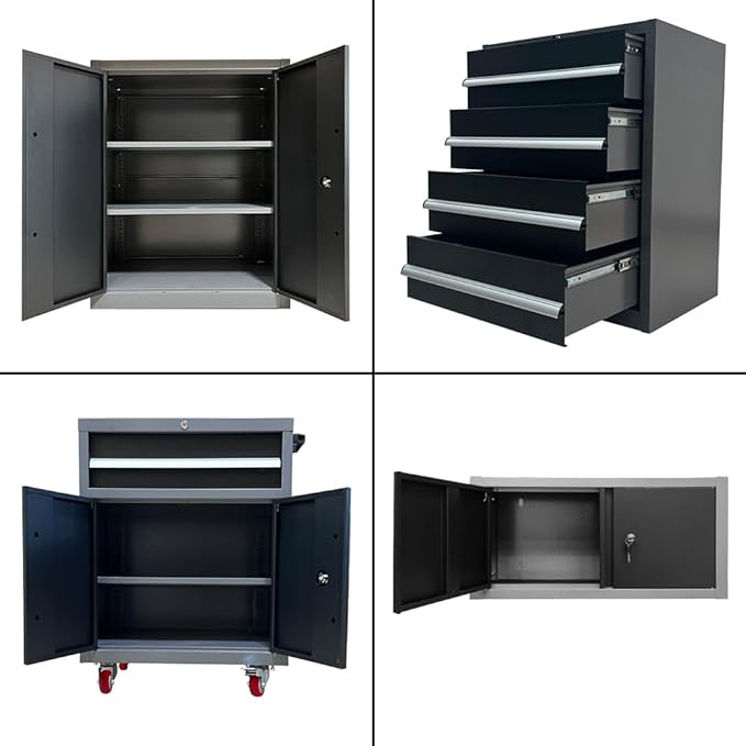 JZD Garage Storage Cabinet System, Lockable Tool Workbench Set for Workshop, Rolling Chest Included, Wall Mounting Not Necessary