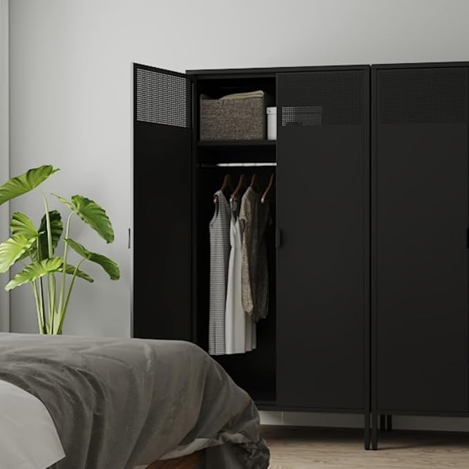 Metal Storage Cabinets Locker with Hanging Rod and Adjustable Shelves, 71'' Clothing Steel Storage Wardrobe for Home & Office, School, Employee,Gym(Black, 71''H-Wardrobe)