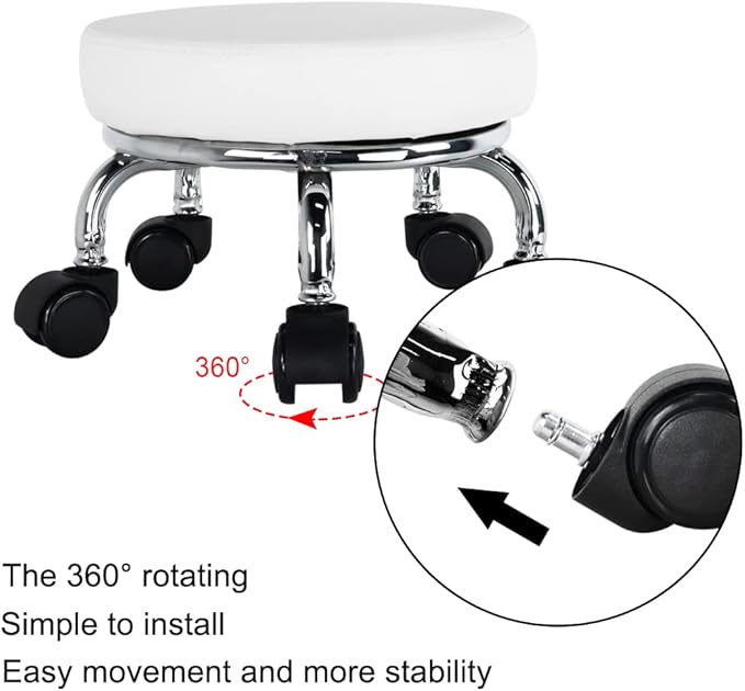 Modern Roller Seat PU Leather Low Round Rolling Stool 360 Swivel Small Stool with Universal Caster Wheels for Home Office Garage Shop Fitness Sport H8.6" (White)