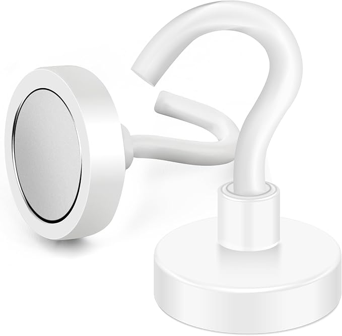 MIKEDE Magnetic Hooks Heavy Duty, 28LB+ Strong Magnetic Hooks for Cruise, Neodymium Earth Magnets with Hook for Hanging, Magnetic Metal Hanger for Fridge, Toolbox, Storage, (White, 4 Pack)