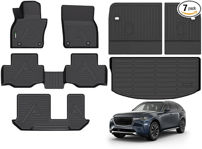 ANBINGO® Floor Mats & SeatBack Cargo Liner | CX90 2024-2025 8 Passenger | 2nd Row with Bench Seat | (60/40 Velcro Tape Fixed Backmats) TPE 3 Rows Waterproof Car Mat
