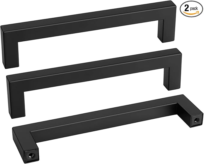 Goldenwarm 2 Pack Black Square Bar Cabinet Pull Drawer Handle Stainless Steel Modern Hardware for Kitchen and Bathroom Cabinets Cupboard,Center to Center 6-1/4in(160mm) Kitchen Cupboard Handles