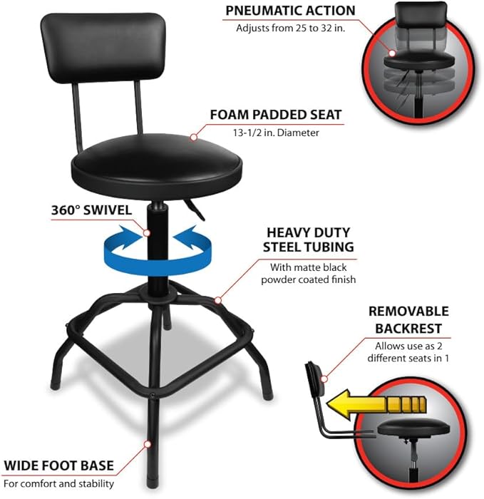 Performance Tool W85016 Pneumatic Stool w/Removable Backrest