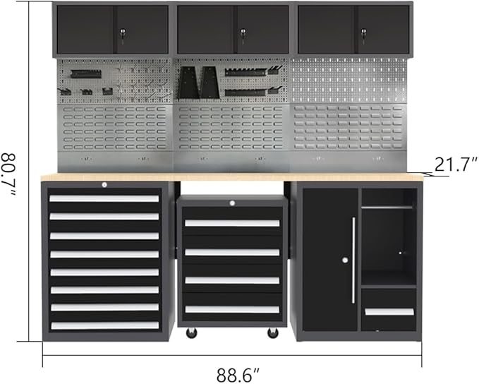 JZD Steel Garage Tool Cabinet System, for Workshop Basement Utility Room, Black and Grey, No Wall Mounting Needed