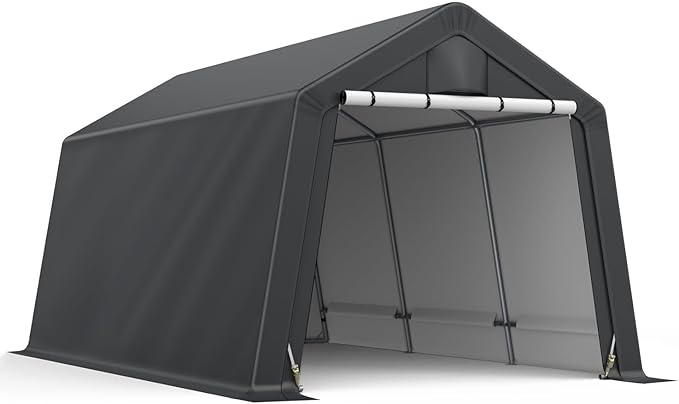 10x15FT Outdoor Storage Shelter Carport,Thickened Double-layer Heavy Duty Storage Shed Carport with Roll-up Zipper for Bike, Motorcycle, Garden Storage, Dual-color PE Waterproof and UV Resistant, Gray