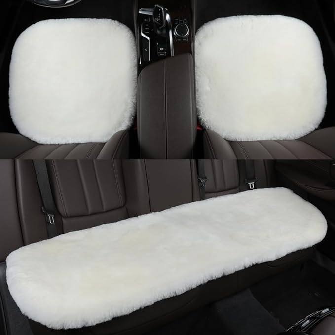 Fluffy Genuine Australia Sheepskin Car Seat Cover for Auto Interior Accessories with Soft Fuzzy Wool Eco-Friendly Natural Fur Non-Slip (White, Front 20 * 20inchs)