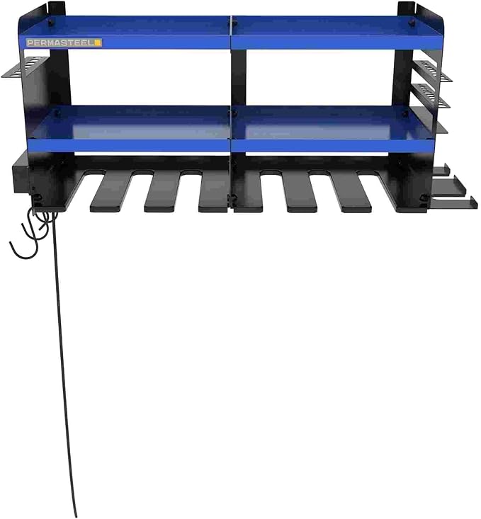 Permasteel Power Tool Organizer Wall Mount - 150 Lbs Load 3-Layer Heavy Duty Metal Storage Rack with Charging Station, Holds 6 Drills, 9 Hand Tools and 16 drill bits for Garage and Workshop, Blue