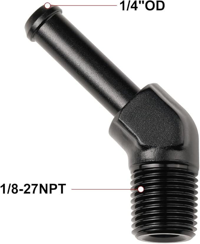 1/8 NPT Male to 1/4" Hose Barb Fitting Adapter 45 Degree Elbow Aluminum Black 2PCS