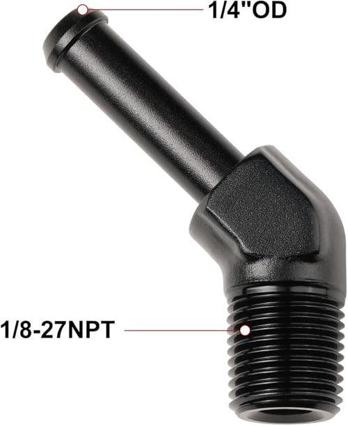 1/8 NPT Male to 1/4" Hose Barb Fitting Adapter 45 Degree Elbow Aluminum Black 2PCS