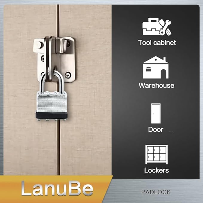 LanuBe Lock Laminated keyed Padlock (1-9/16", 40mm), keyed Alike Locks, Normal Shackle,Marked Black Plastic Hoop, Pack of 12…
