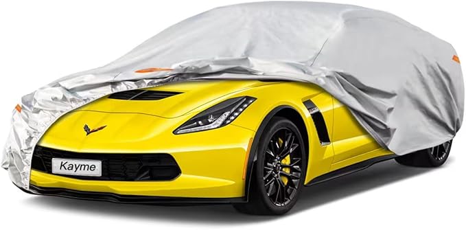 Kayme 6 Layers Car Cover Custom Fit for Chevrolet Corvette C4/C5/C7/C8 Coupe Convertible Targa (1980-2025) Waterproof All Weather for Automobiles, Outdoor Full Cover Rain Sun UV Protection.Silver