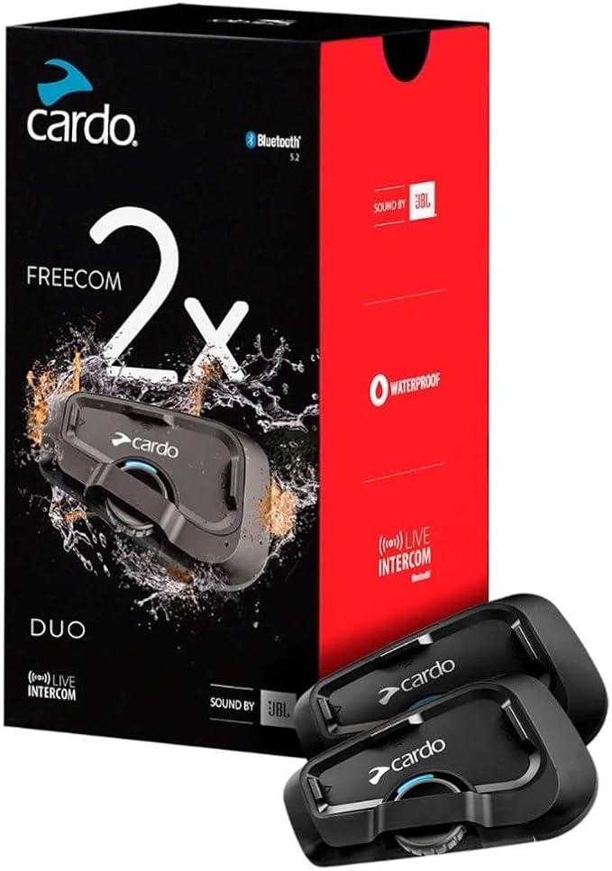 Cardo Systems FREECOM 2X Motorcycle 2-Way Helmet Bluetooth Communication System Headset Intercom, Universal Bluetooth Connectivity, Waterproof, 40mm Speakers - Dual Pack