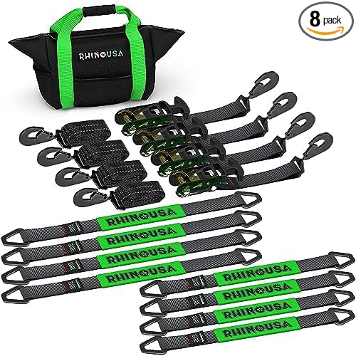 Rhino USA Car Tie Down Straps for Trailers with Snap Hooks (4-Pack) -2" x8' (10,000lb Break Strength) - Heavy Duty T-Handle Car Hauler Tire and UTV Axle Straps, Powersports & More - Black