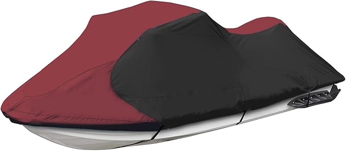 Trailerable Jet Ski Cover, Waterproof Marine Grade 600D Heavy Duty Polyester PWC Cover Burgundy/Black Fits from 126"-135" 3 Seater