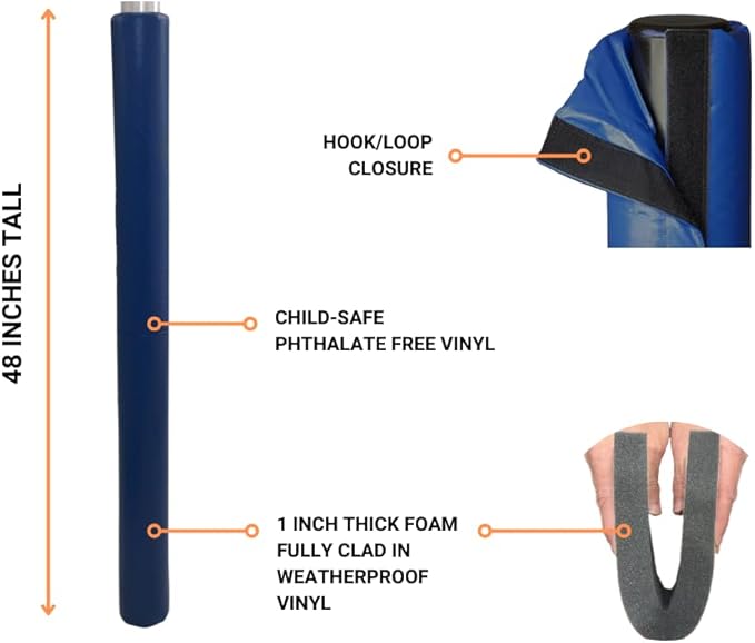 Safety Pole Pad, 4 FT Tall, 1” Thick Foam, Weatherproof, UV-Resistant, Hook/Loop Closure, Pickleball Pole Pad