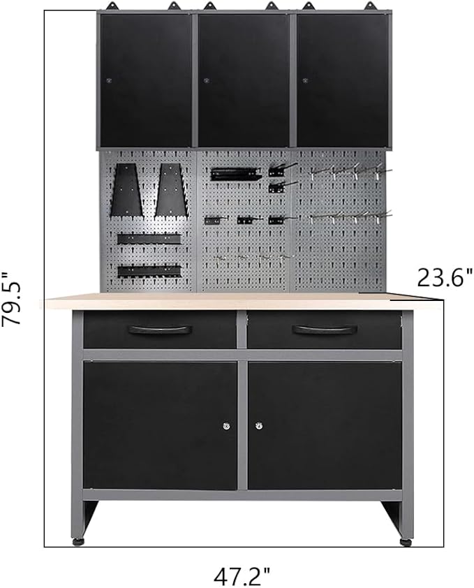 JZD Workshop Tool Cabinet Set System with Wood Worktop, for Auto Repair Shops, Utility Room Garage