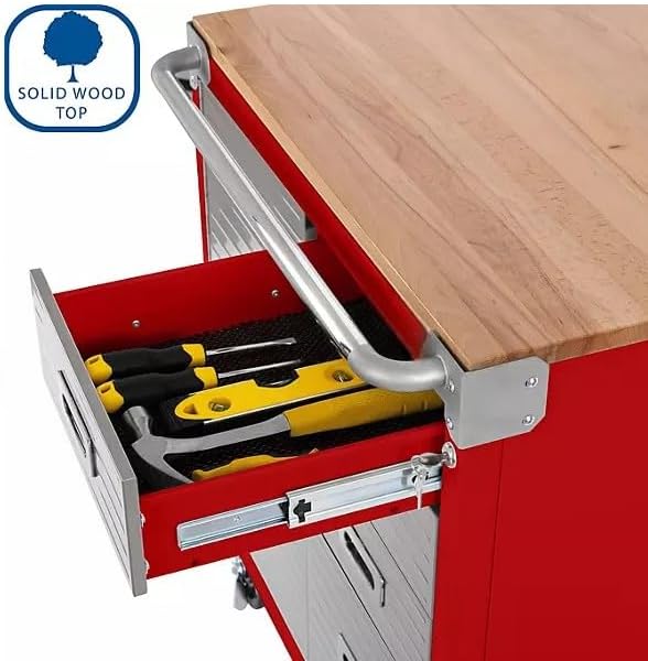Heavy Duty Rolling Storage Cabinet with Wheels and Drawers, Workstation for Garage, Office, Workshop, 1 Door, 4 Drawer (28" W x 25" D x 34.5" H), Red