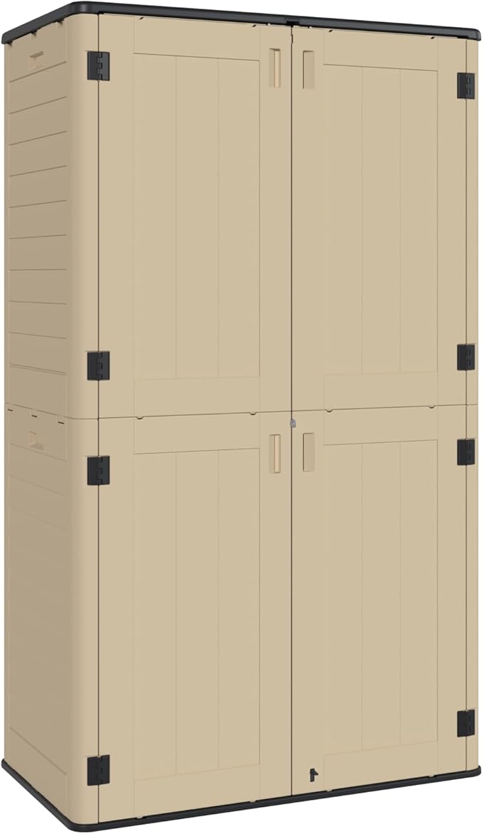 60 Cu.Ft Vertical Outdoor Storage Shed, Weatherproof Outdoor Tall Cabinet, Lockable Resin Shed with Double-Wall Panels and Floor for Garden, Garage, Patio(Shelves Not Included)