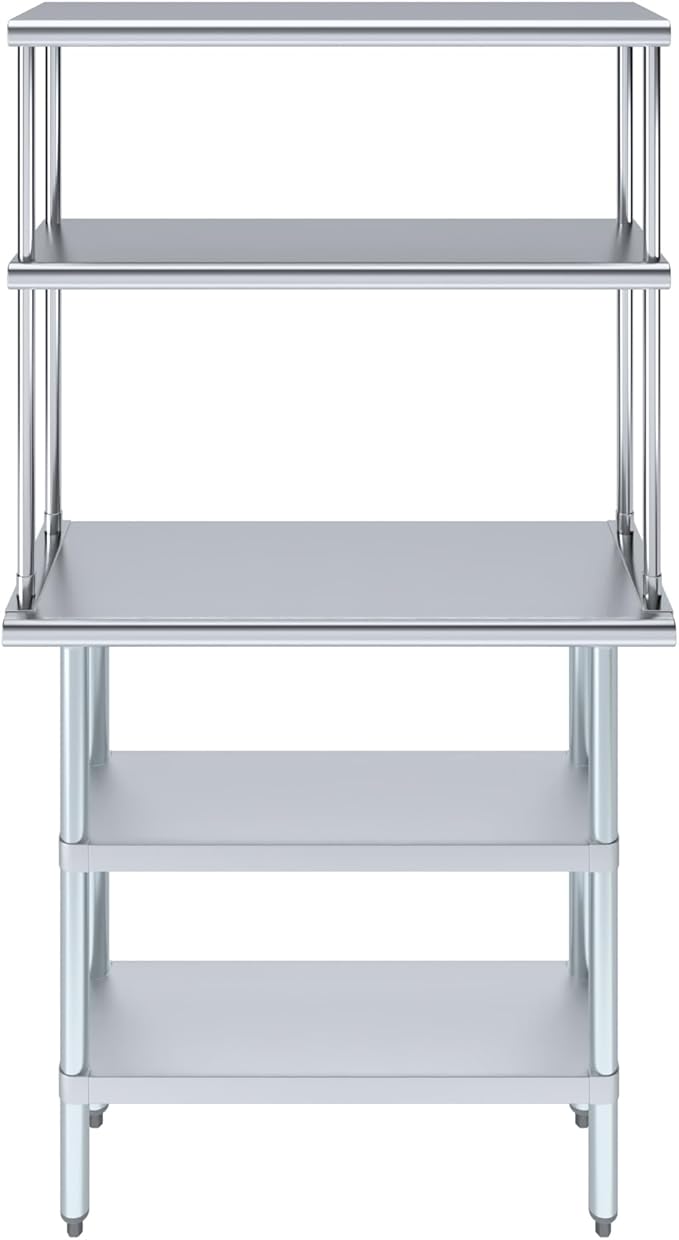 Amgood Stainless Steel Work Table with 2 Shelves | Metal Kitchen Prep Table & Shelving Combo (14" x 36" Table with 2 Shelves + 12" Overshelf)
