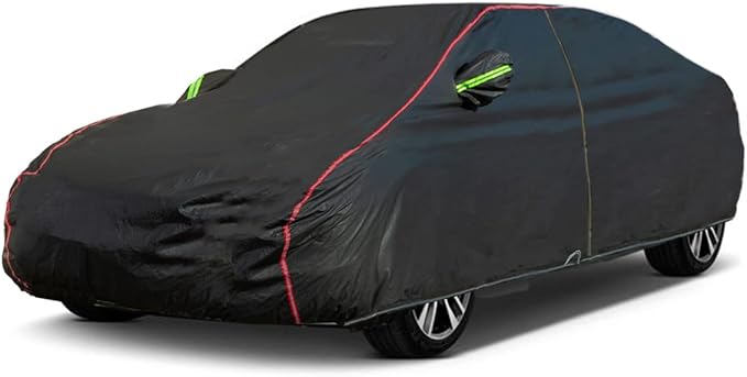AUQDD 6-Layers PEVA New Material Sedan SUV Full Padded Car Cover Waterproof All Weather Weatherproof UV Sun Protection Snow Dust Storm Resistant Outdoor Exterior Custom Form-Fit Straps 197"-208"Black