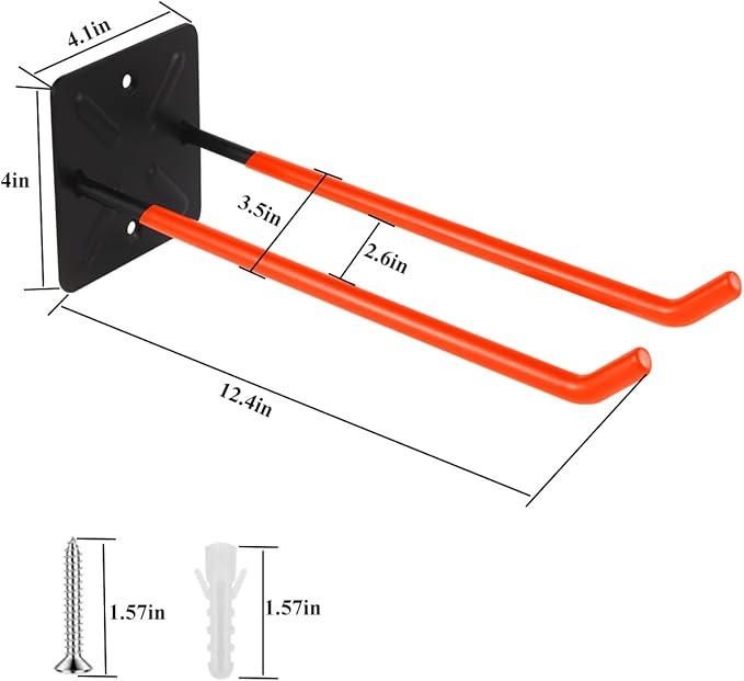 Steel Garage Storage Hooks Wall Tool Organizer, 12.4 Inch Garage Hook Heavy Duty Utility Storage Hangers Orange for Ladders, Chairs, Garden Tools, Set of 4