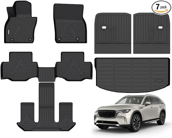 ANBINGO® Floor Mats & SeatBack Cargo Liner | CX90 2024-2025 6 Passenger | 2nd Row with Bucket Seat or Captain Seat | (50/50 Velcro Tape Fixed Backmats) TPE 3 Rows Waterproof Car Mat
