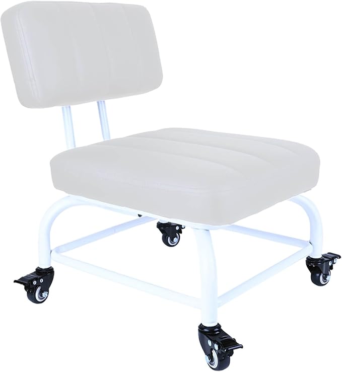 Rolling Stool and 4 Wheels with Brakes Rolling Chair for Home Office Garage Shop Roller Seat Water-Proof High Density Cushion and Steel White