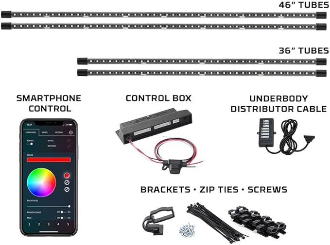 LEDGlow 4pc Bluetooth Million Color LED Underbody Underglow Accent Neon Lighting Kit for Cars - Smartphone App - Courtesy Lights - Create Any Color - 16 Modes - Water Resistant Tubes - Control Box