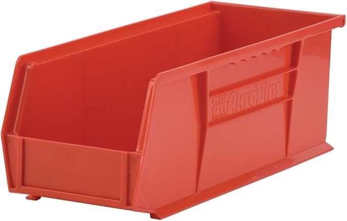 Akro-Mils 30234 AkroBins Plastic Storage Bins, Space-Saving Stackable Bins for Garage, Pantry, Craft Organization, 15-" x 5-" x 5-", Red, 12-Pack