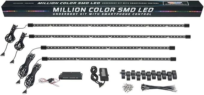 LEDGlow 4pc Bluetooth Million Color LED Underbody Underglow Accent Neon Lighting Kit for Cars - Smartphone App - Courtesy Lights - Create Any Color - 16 Modes - Water Resistant Tubes - Control Box