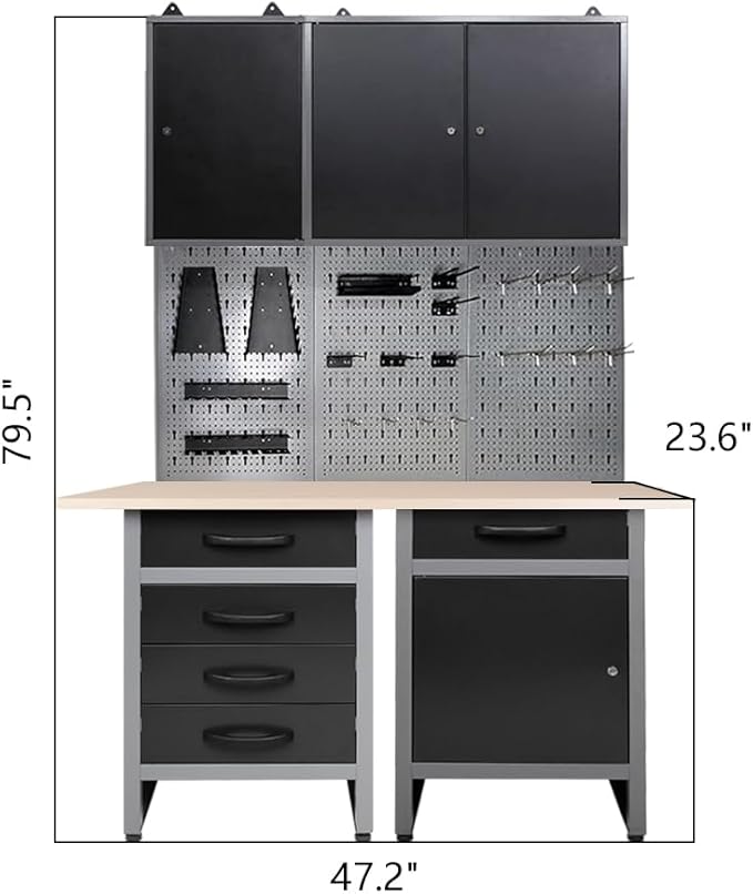 JZD Steel Workbench Garage Storage Cabinet Set with Wood Worktop