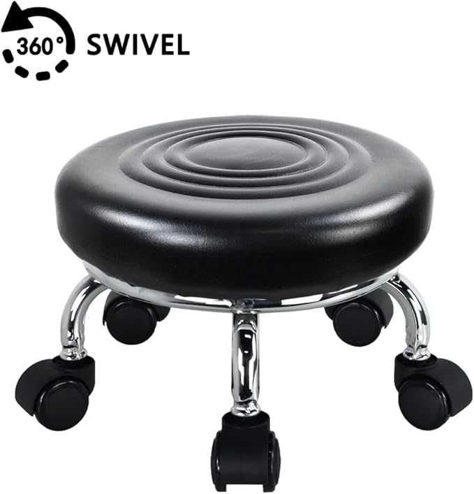 Modern Roller Seat PU Leather Low Round Rolling Stool 360 Swivel Small Stool with Universal Caster Wheels for Home Office, Garage, Shop, Fitness, Sport (H: 8.4' Black)