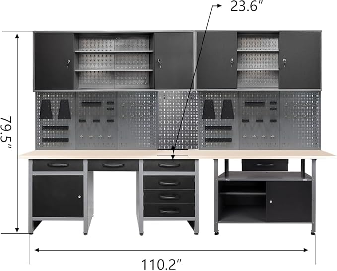 JZD Metal Storage Organization System, Wall Mount Tool Cabinets, Wood Tabletop, for Garage Basement