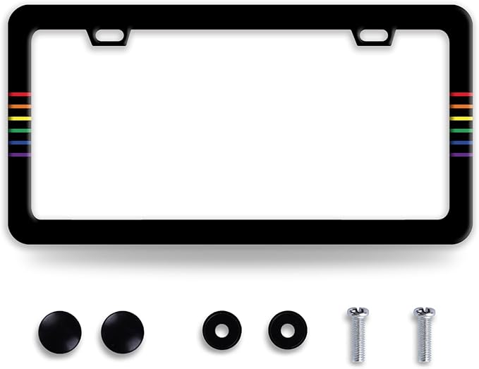 Gay Rainbow Line License Plate Frame Funny LGBT License Plate Frames Stainless Steel Accessories Cars Decor with 2 Holes and Screws Fits Standard Us Ca Vehicles License Plate Holder 12.2 X 6 Inch